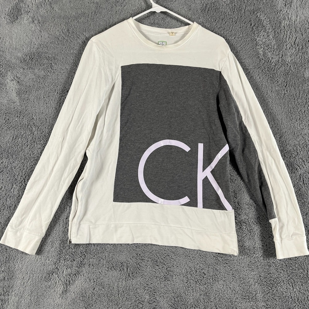 Calvin Klein Shirt Womens S White Gray Colorblock Slim Fit Long Sleeve Side Zip